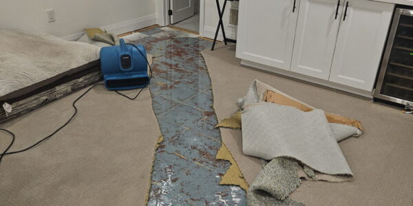 A room shows carpet partially removed, exposing a blue, stained concrete floor—likely from basement flooding cleanup Burlington. A fan dries the area. The kitchen features white cabinets, dishes, and cleaning supplies on the counter.