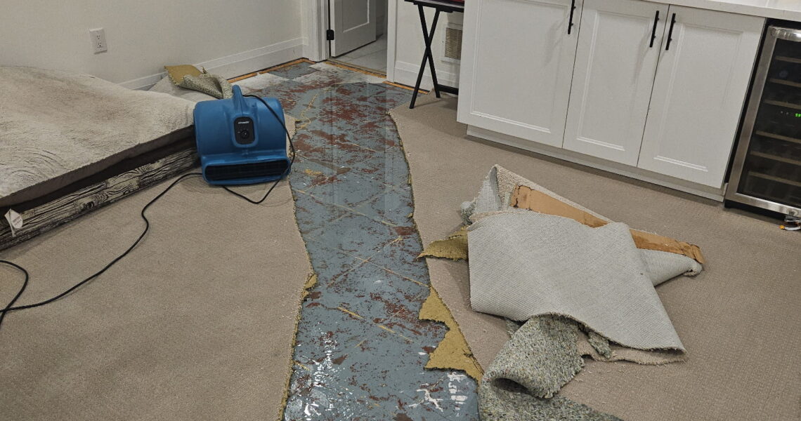Basement flooding cleanup Burlington near Appleby Line with emergency water extraction, carpet removal, and structural drying equipment.