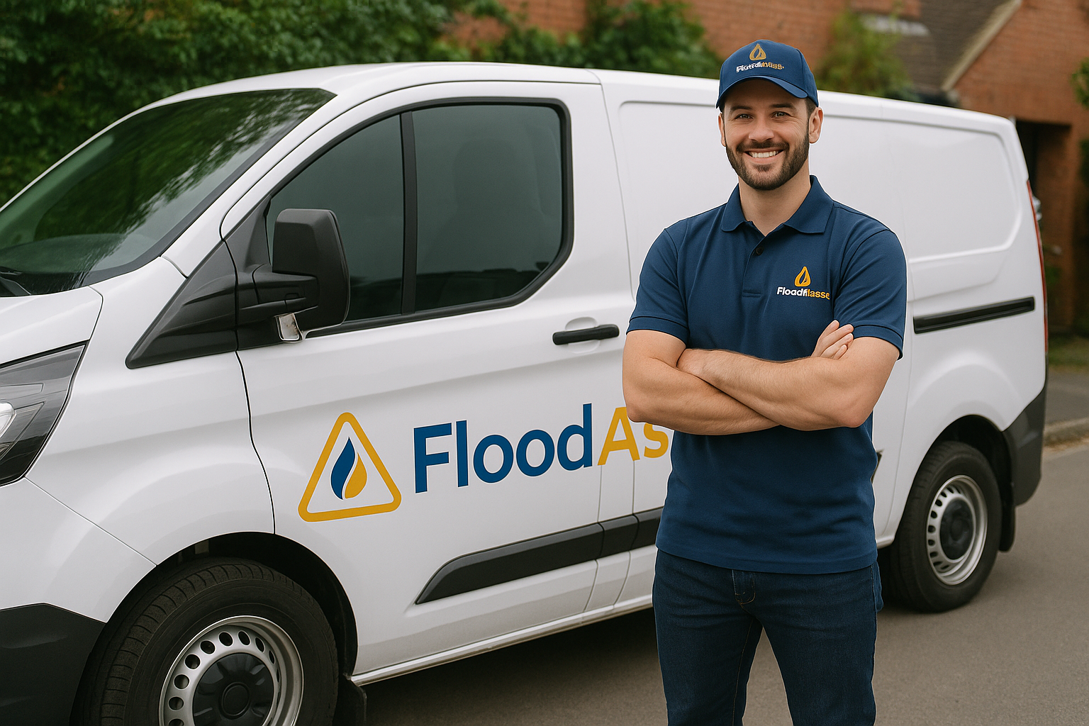 A smiling man in a blue FloodAssist uniform and cap stands with folded arms in front of a white van displaying the FloodAssist logo, ready to help with water damage on a residential street.