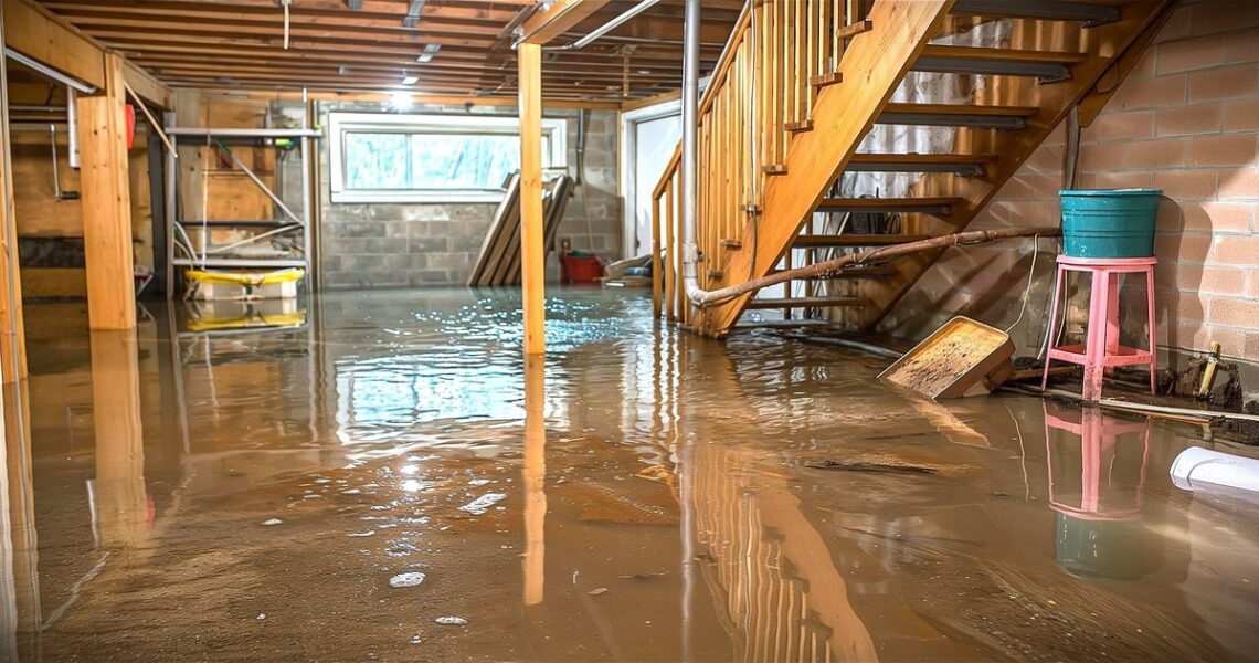 A flooded basement with muddy water covering the floor, reflecting wooden stairs, a teal bucket on a pink stool, and construction materials highlights why Home Insurance for Flooded Basements is essential in Toronto. Water partially submerges various items at the bottom of the stairs.