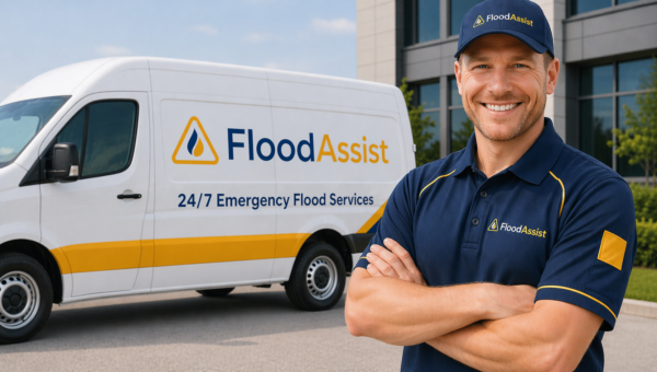 A smiling man in a Flood Assist uniform stands with arms crossed in front of a white van labeled Flood Assist 24/7 Emergency Flood Services outside a modern building.